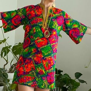 Vintage 60’s Psychedelic Neon Micro Mini Caftan/Tunic - Small